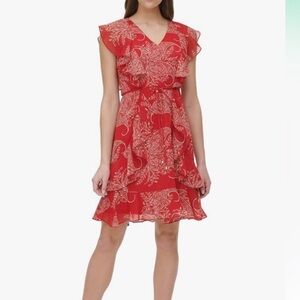 TOMMY HILFIGER Womens Red Tie Lined Flutter Sleeve Fit + Flare Dress size 10